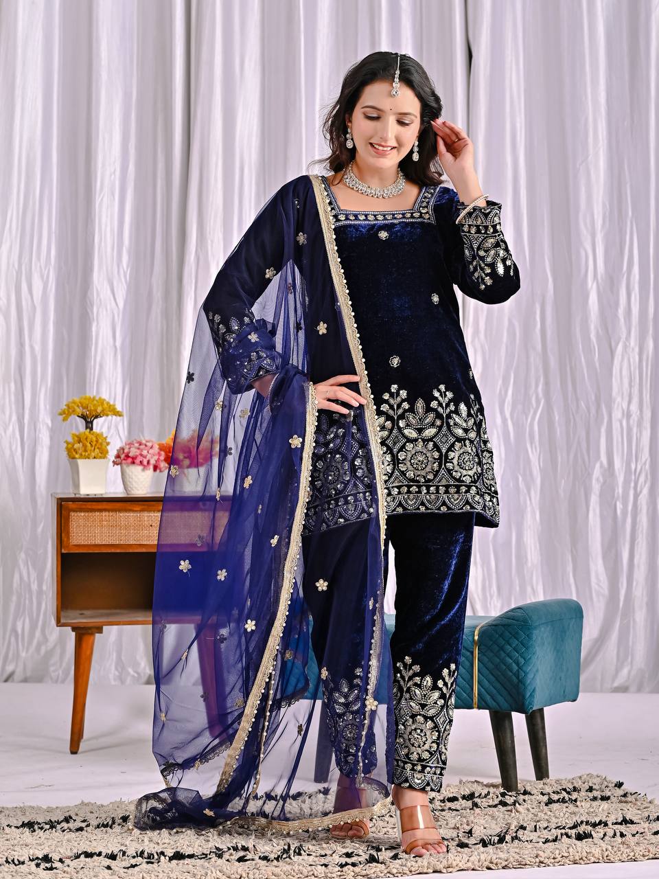 Party Wear Navy Blue Color Designer Heavy Velvet Suit Set
