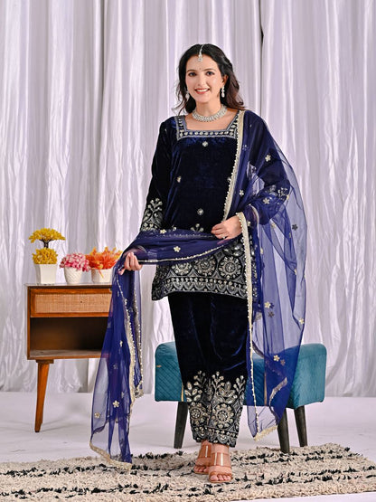 Party Wear Navy Blue Color Designer Heavy Velvet Suit Set