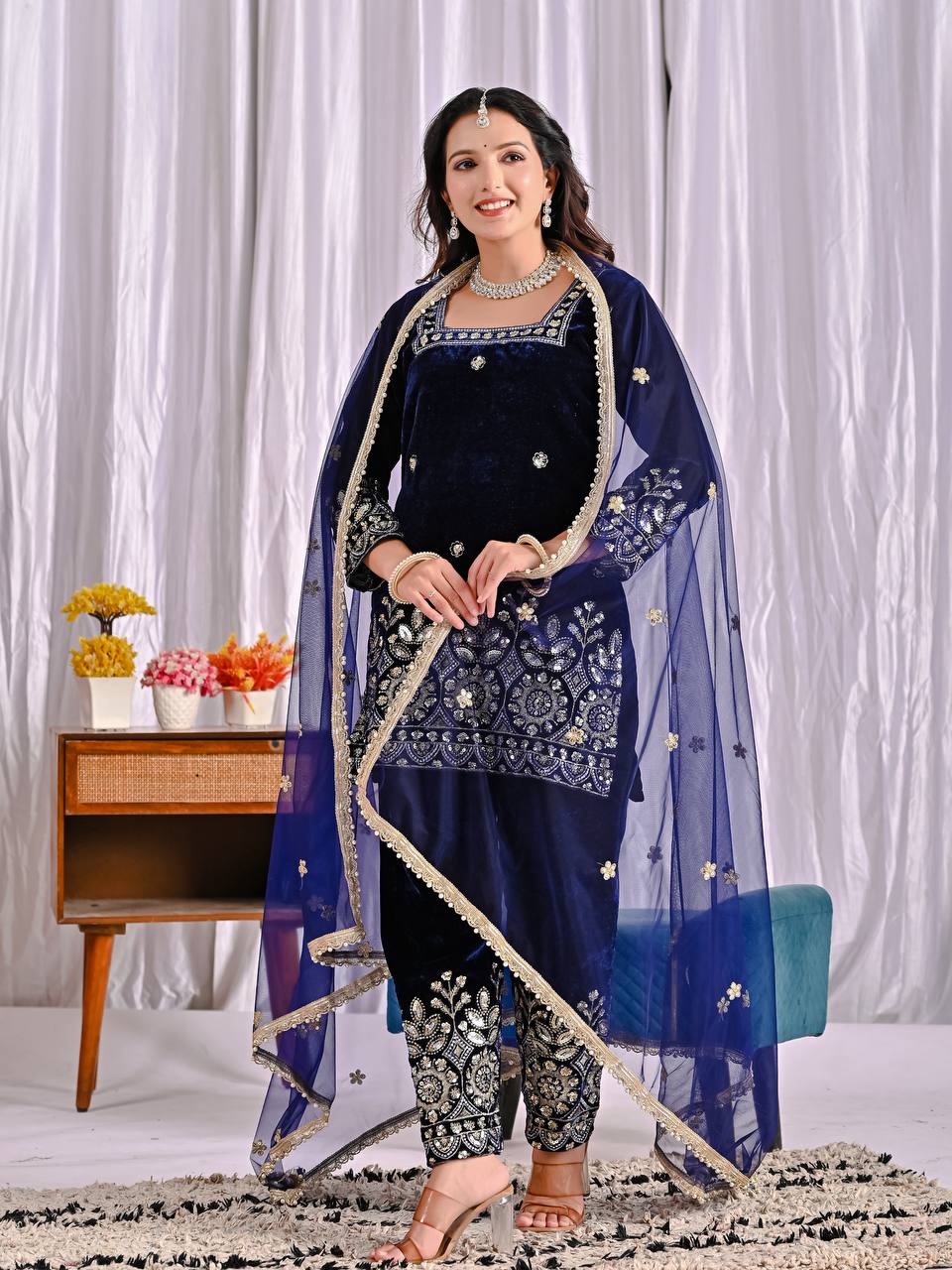 Party Wear Navy Blue Color Designer Heavy Velvet Suit Set