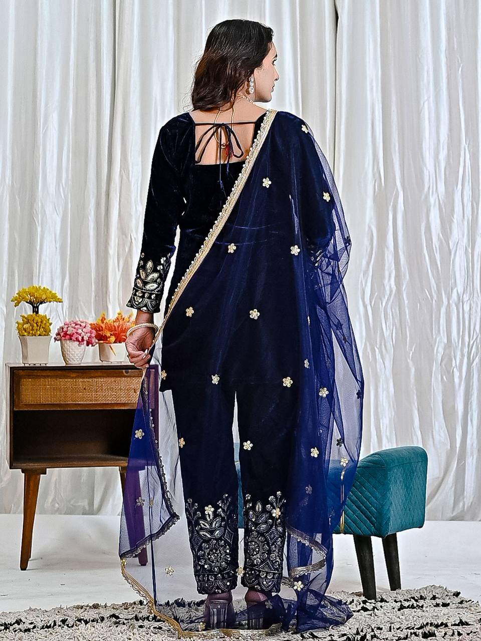 Party Wear Navy Blue Color Designer Heavy Velvet Suit Set