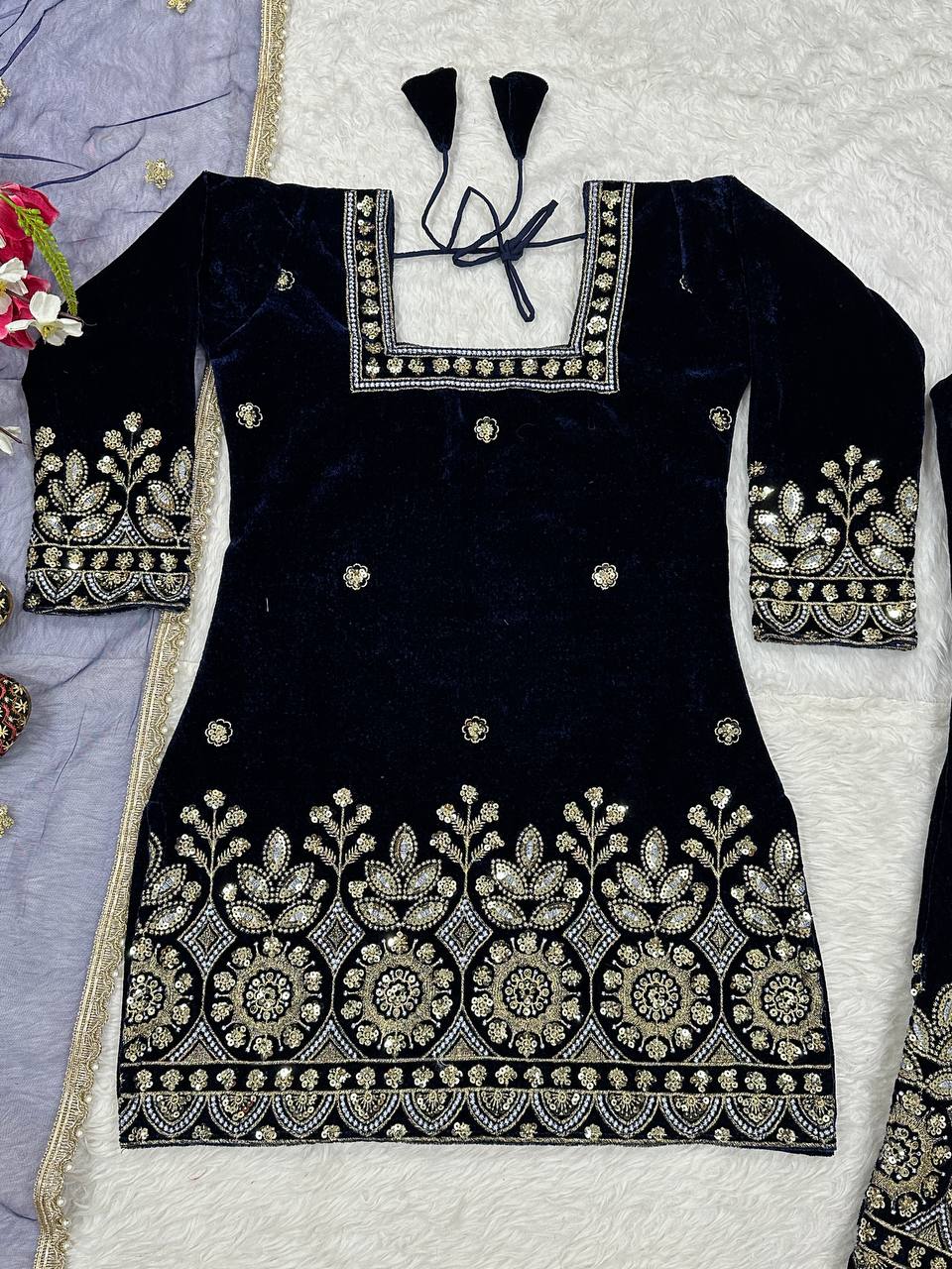 Party Wear Navy Blue Color Designer Heavy Velvet Suit Set
