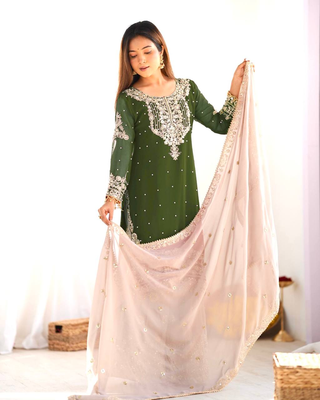 Traditional Wear Green Color Heavy Faux Georgette With Heavy Embroidery Work Palazzo Suit