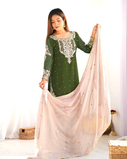 Traditional Wear Green Color Heavy Faux Georgette With Heavy Embroidery Work Palazzo Suit