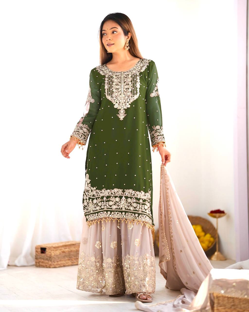 Traditional Wear Green Color Heavy Faux Georgette With Heavy Embroidery Work Palazzo Suit