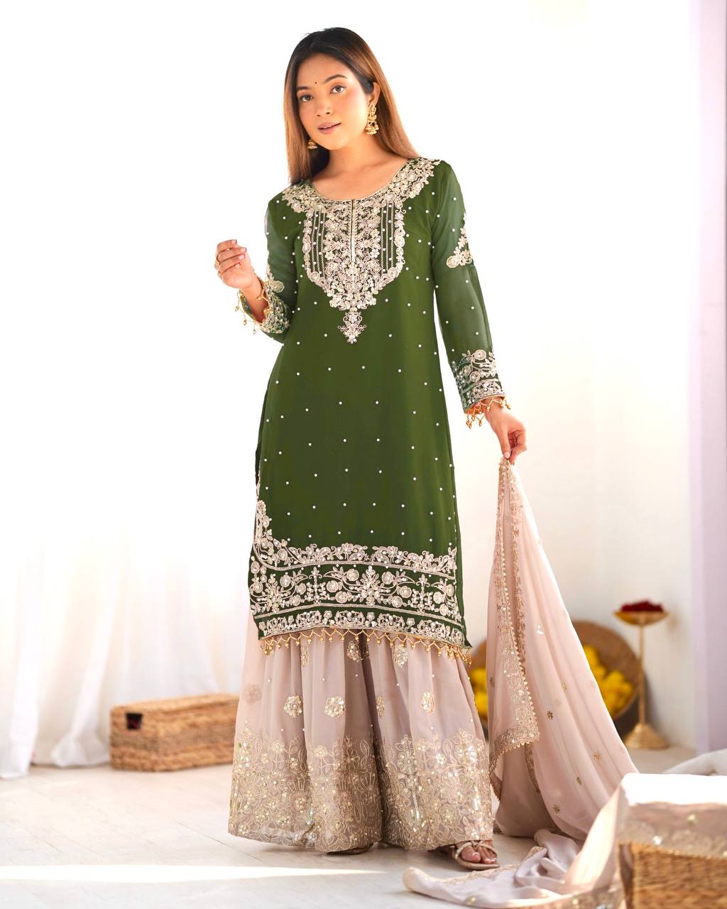 Traditional Wear Green Color Heavy Faux Georgette With Heavy Embroidery Work Palazzo Suit