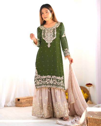 Traditional Wear Green Color Heavy Faux Georgette With Heavy Embroidery Work Palazzo Suit