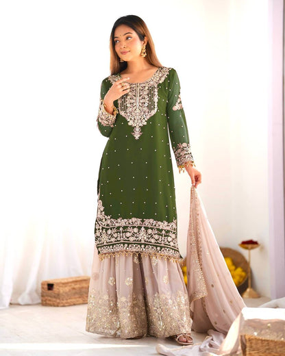 Traditional Wear Green Color Heavy Faux Georgette With Heavy Embroidery Work Palazzo Suit