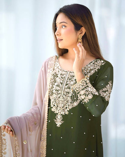 Traditional Wear Green Color Heavy Faux Georgette With Heavy Embroidery Work Palazzo Suit