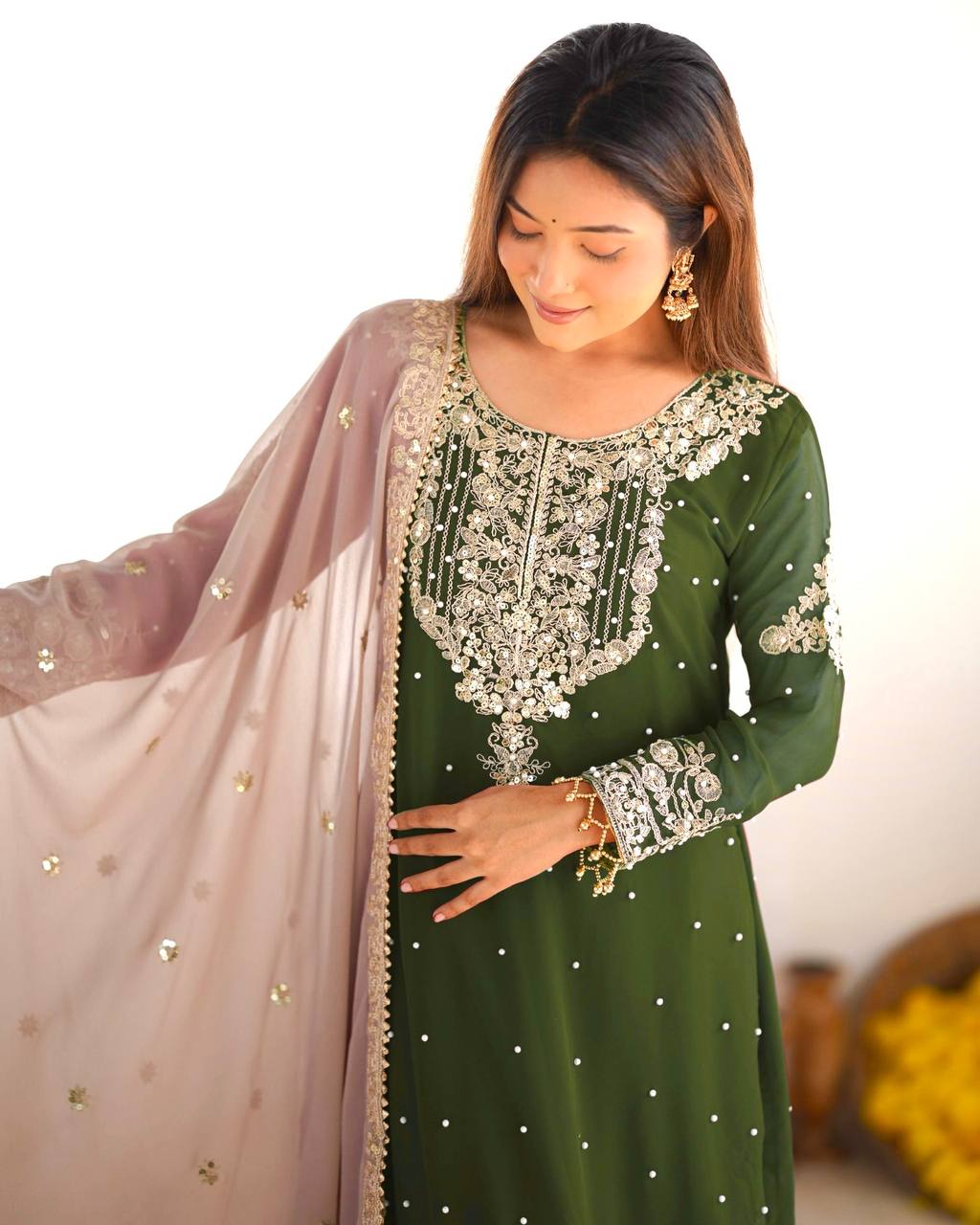 Traditional Wear Green Color Heavy Faux Georgette With Heavy Embroidery Work Palazzo Suit