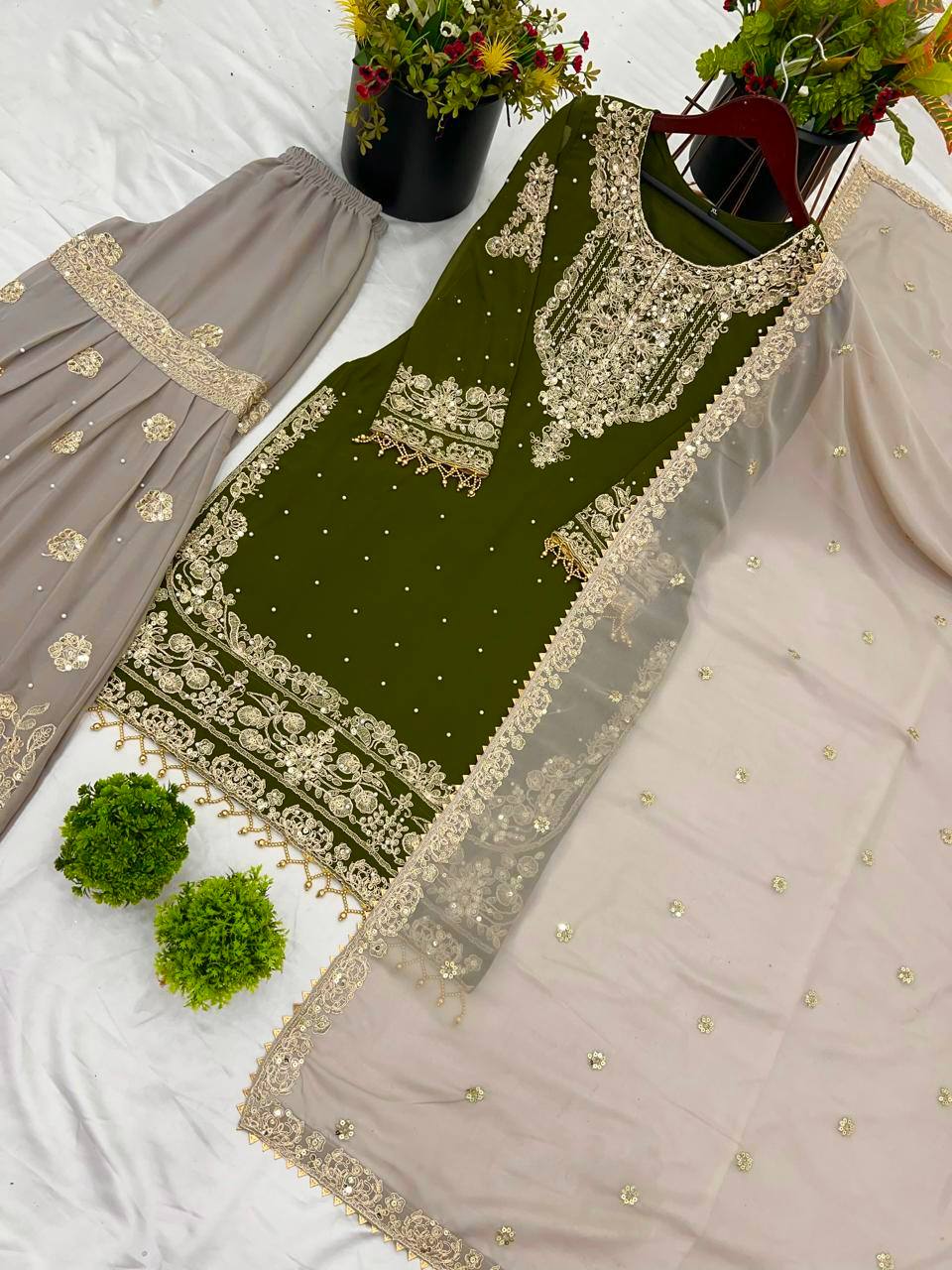 Traditional Wear Green Color Heavy Faux Georgette With Heavy Embroidery Work Palazzo Suit