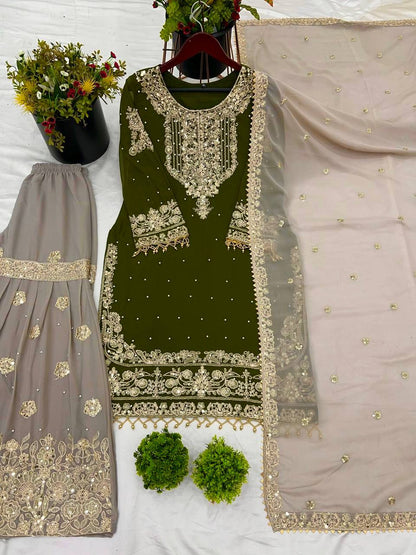 Traditional Wear Green Color Heavy Faux Georgette With Heavy Embroidery Work Palazzo Suit
