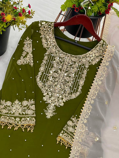 Traditional Wear Green Color Heavy Faux Georgette With Heavy Embroidery Work Palazzo Suit