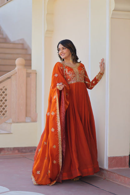 Occasion Wear Fanta Color Zari And Sequins Embroidered Work Designer Gown