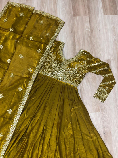 Occasion Wear Mahendi Color Zari And Sequins Embroidered Work Designer Gown