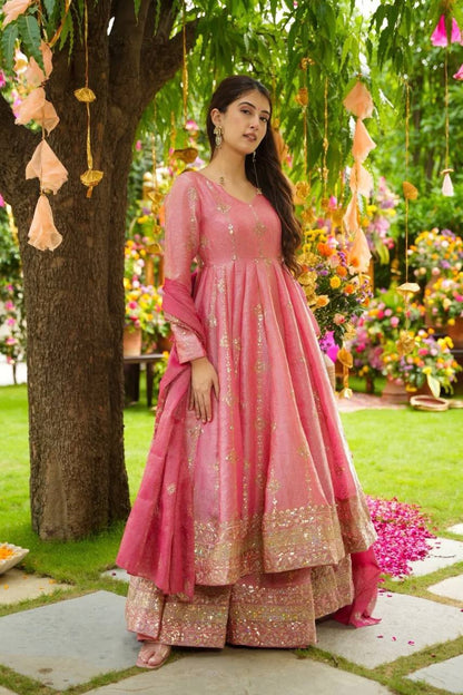 Wedding Wear Peach Color Embroidery Ready To Wear Anarkali Suit