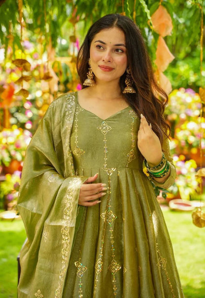 Party Wear Green Color Embroidery Ready To Wear Anarkali Suit
