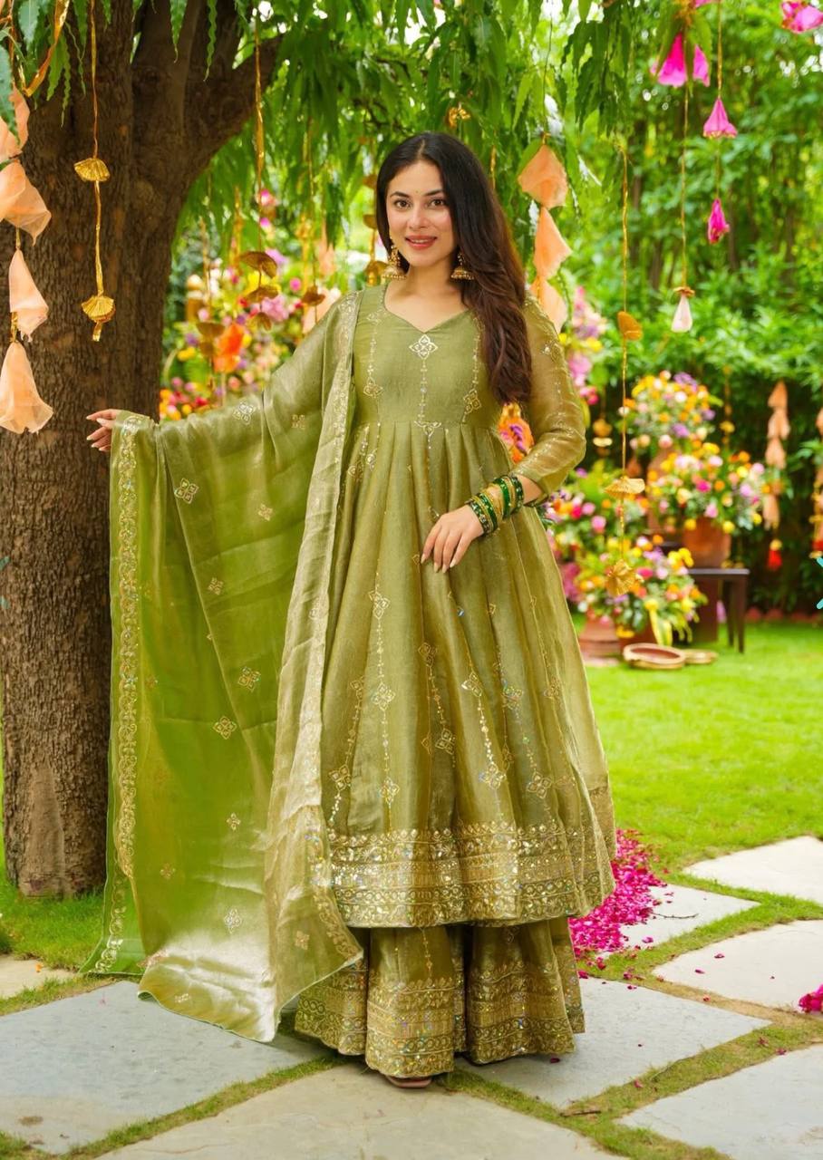 Party Wear Green Color Embroidery Ready To Wear Anarkali Suit