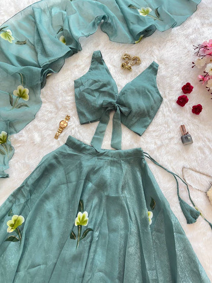 Festive Wear Sky Green Color Fandy Crush Handpaint Lehenga Set