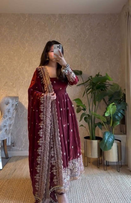 Maroon Color Georgette Fully Flared Ready to Wear Gown
