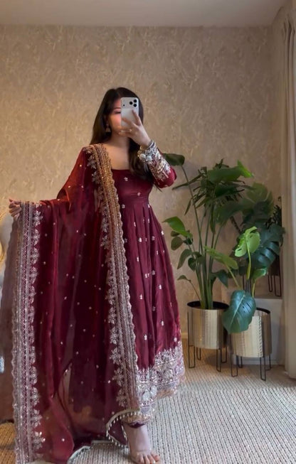 Maroon Color Georgette Fully Flared Ready to Wear Gown