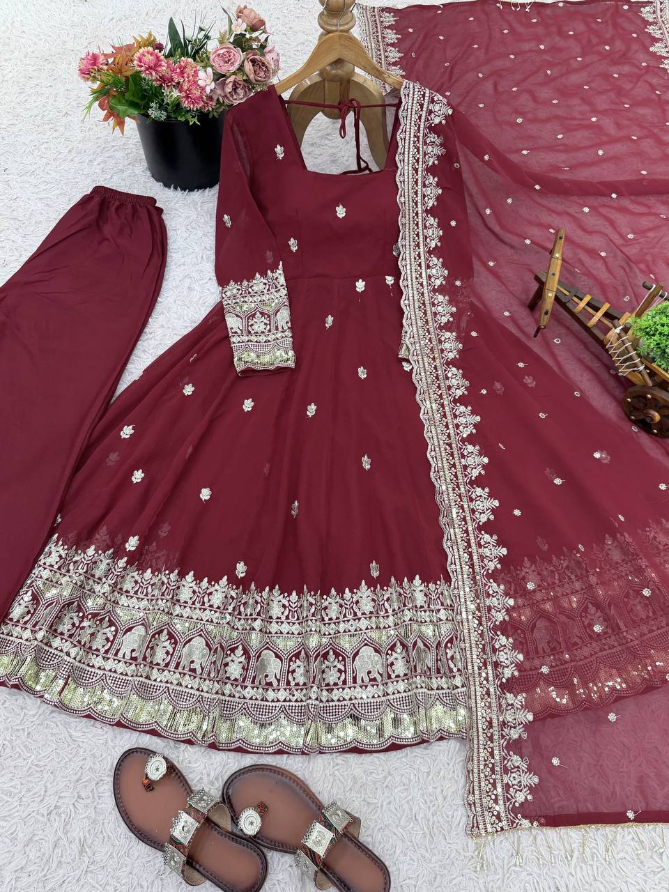 Maroon Color Georgette Fully Flared Ready to Wear Gown