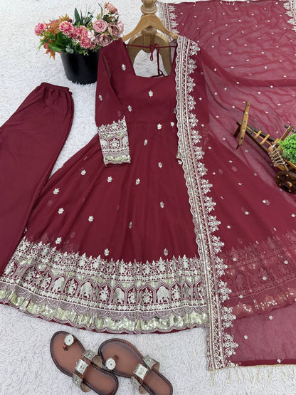 Maroon Color Georgette Fully Flared Ready to Wear Gown