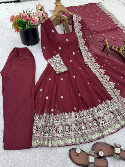 Maroon Color Georgette Fully Flared Ready to Wear Gown