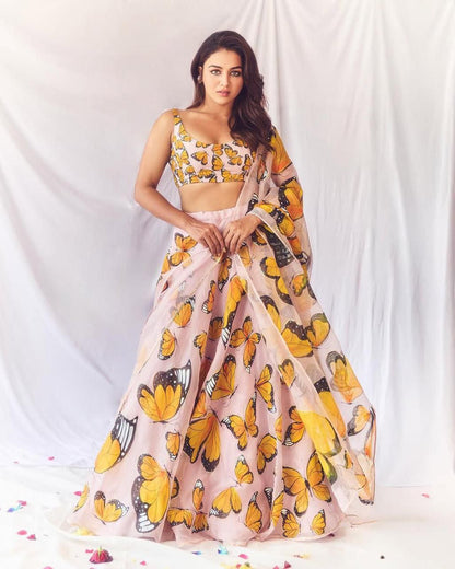 Reception Wear Yellow Color Pure Organza Silk Digital Printed Designer Lehenga Choli
