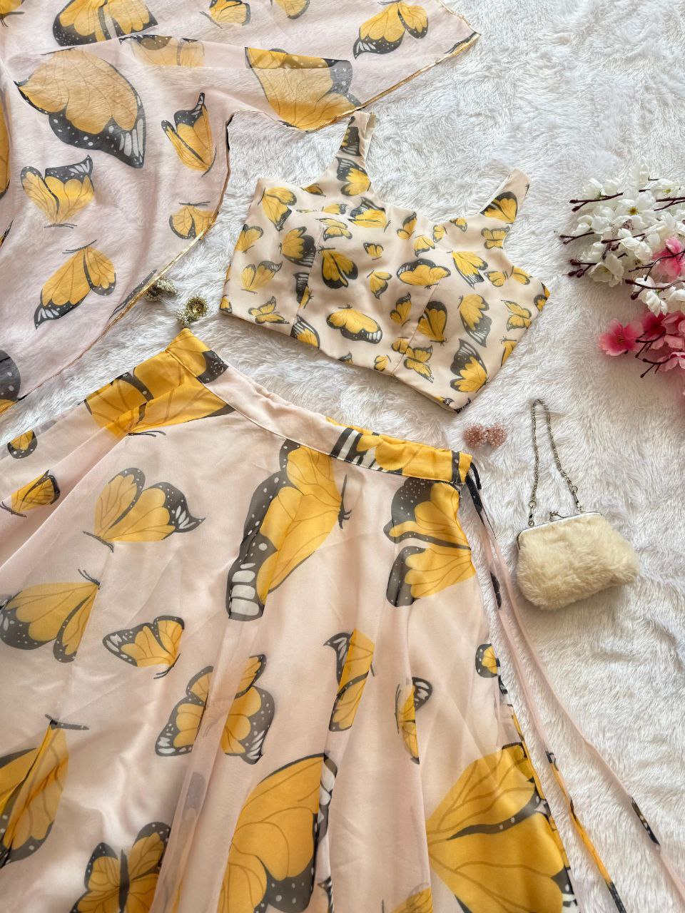 Reception Wear Yellow Color Pure Organza Silk Digital Printed Designer Lehenga Choli