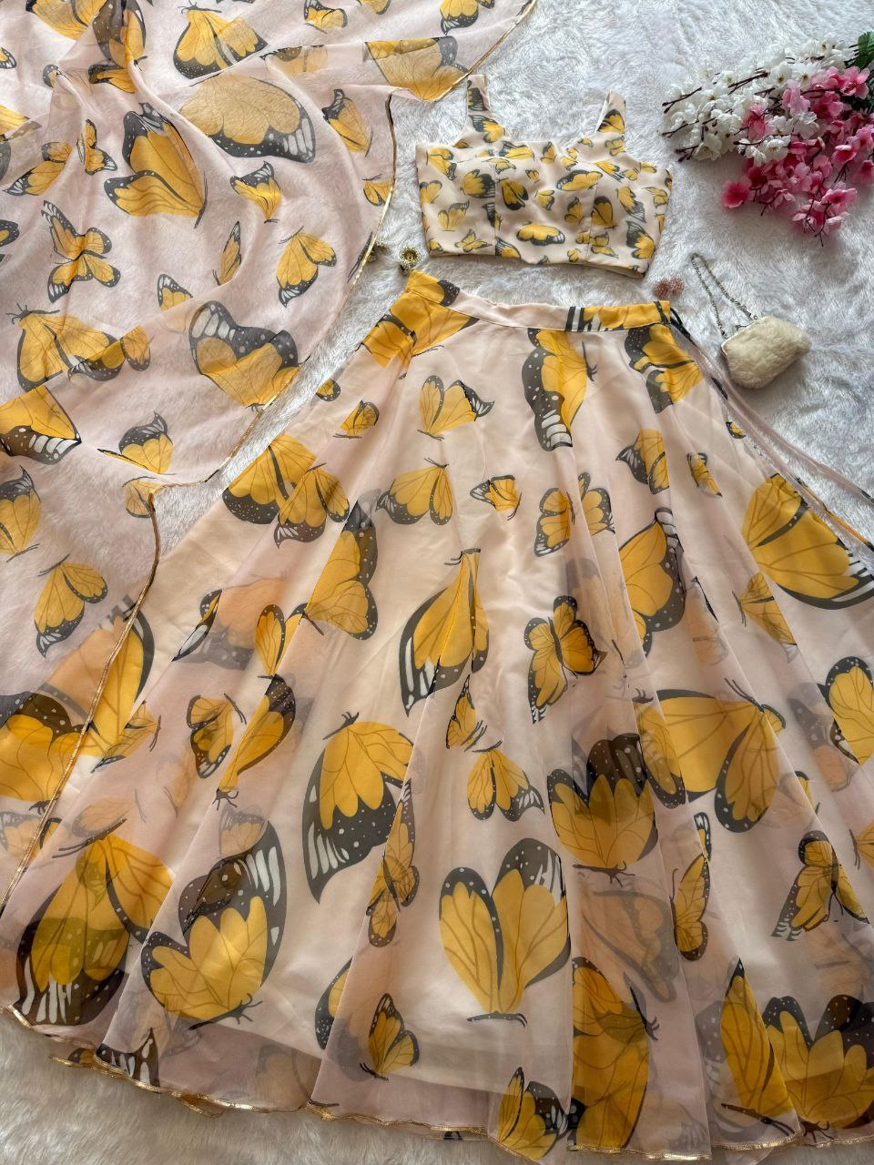 Reception Wear Yellow Color Pure Organza Silk Digital Printed Designer Lehenga Choli