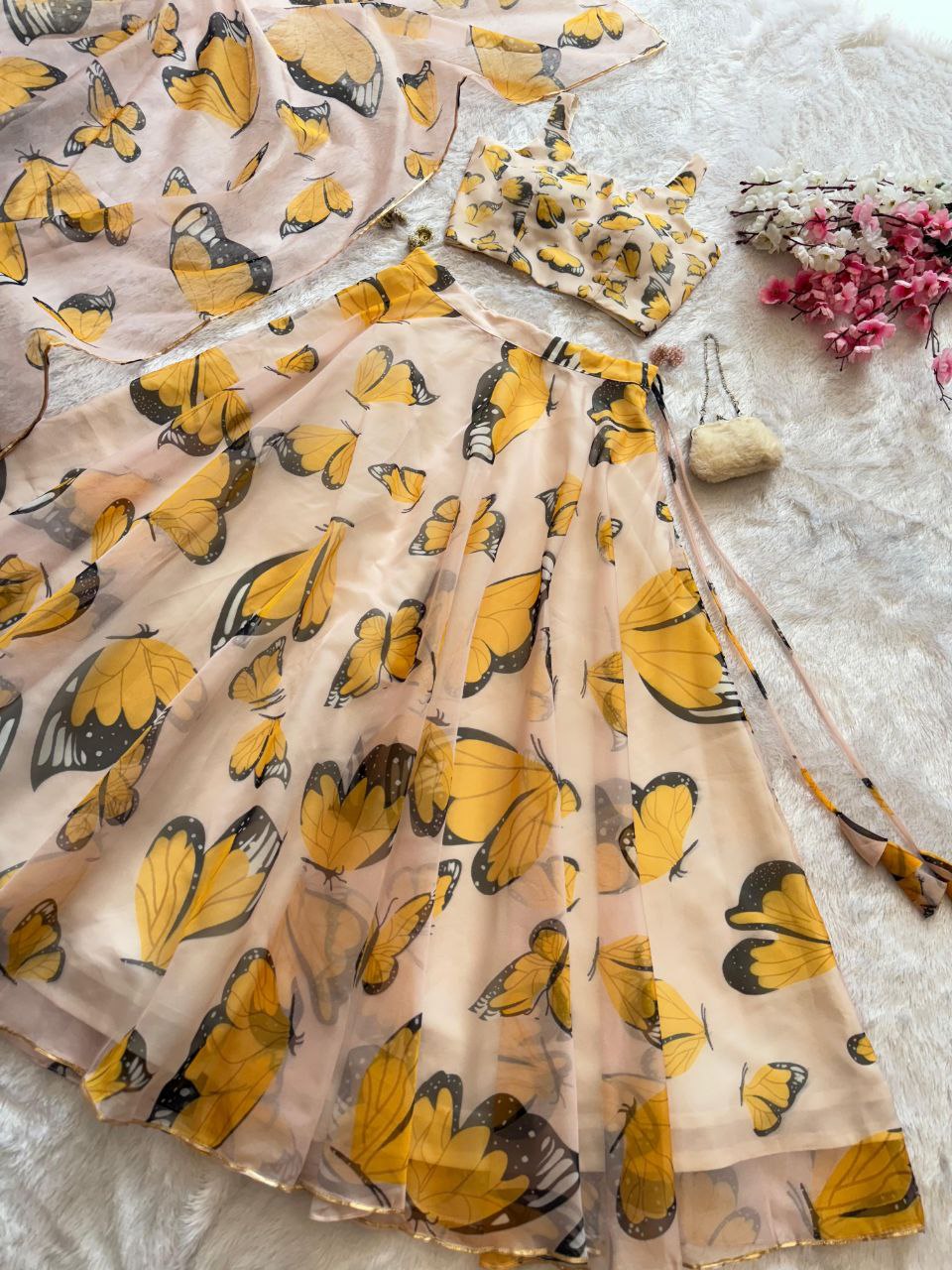 Reception Wear Yellow Color Pure Organza Silk Digital Printed Designer Lehenga Choli