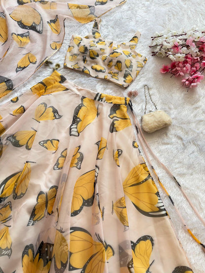 Reception Wear Yellow Color Pure Organza Silk Digital Printed Designer Lehenga Choli