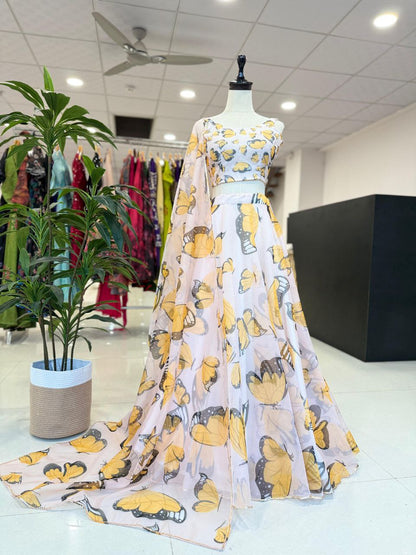 Reception Wear Yellow Color Pure Organza Silk Digital Printed Designer Lehenga Choli