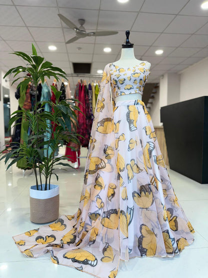 Reception Wear Yellow Color Pure Organza Silk Digital Printed Designer Lehenga Choli