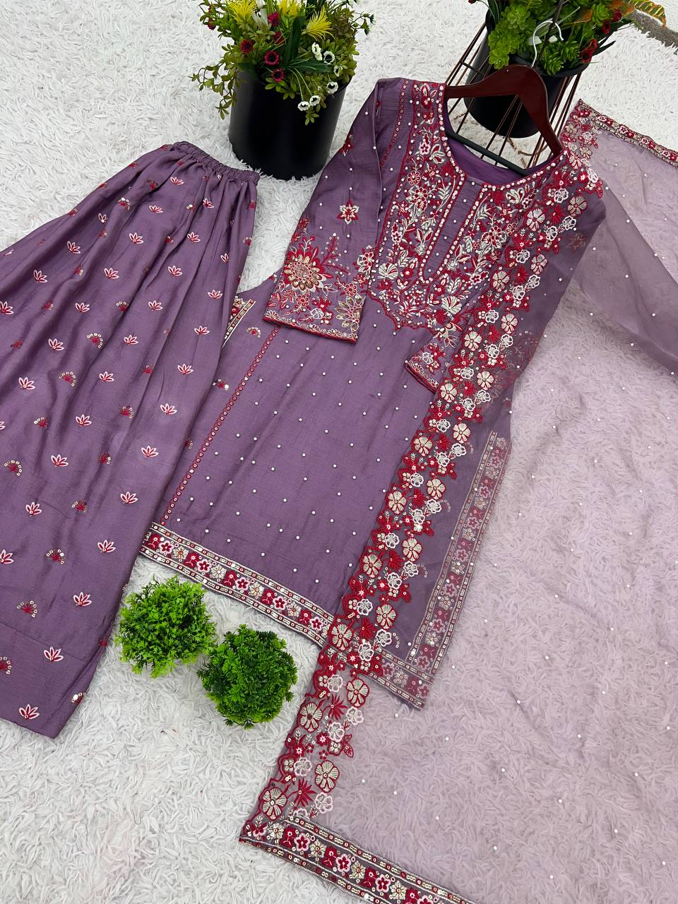 Alluring Lavender Color Heavy Faux Georgette With Embroidery Sequence Work Sharara Suit