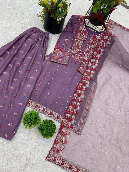 Alluring Lavender Color Heavy Faux Georgette With Embroidery Sequence Work Sharara Suit