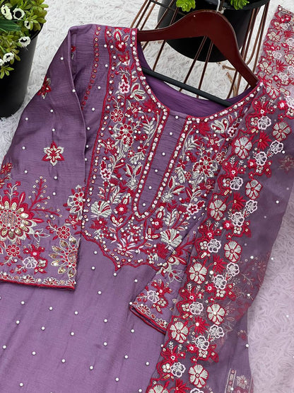 Alluring Lavender Color Heavy Faux Georgette With Embroidery Sequence Work Sharara Suit