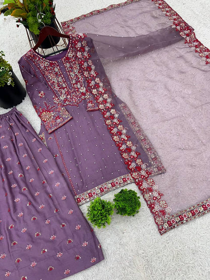 Alluring Lavender Color Heavy Faux Georgette With Embroidery Sequence Work Sharara Suit