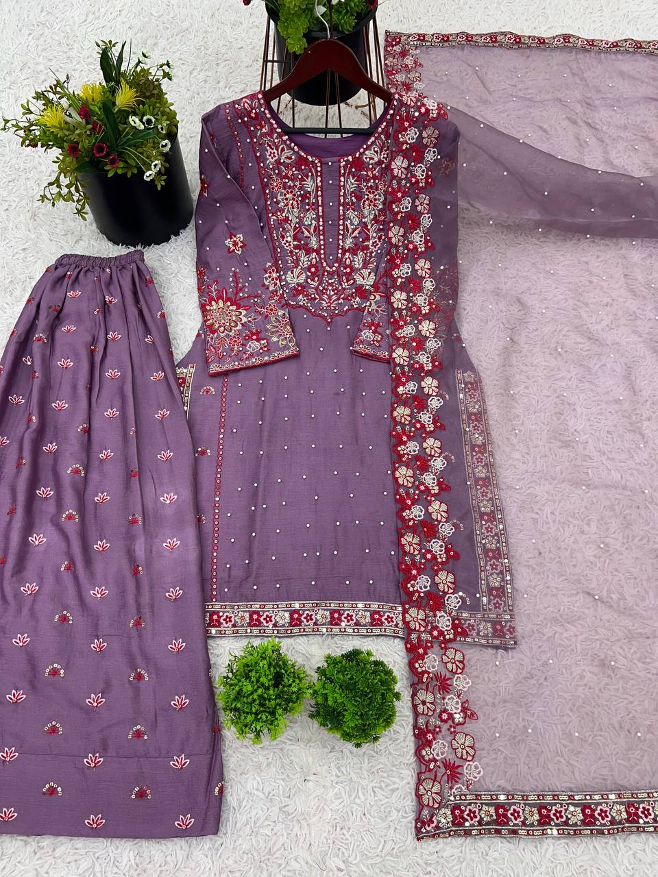 Alluring Lavender Color Heavy Faux Georgette With Embroidery Sequence Work Sharara Suit