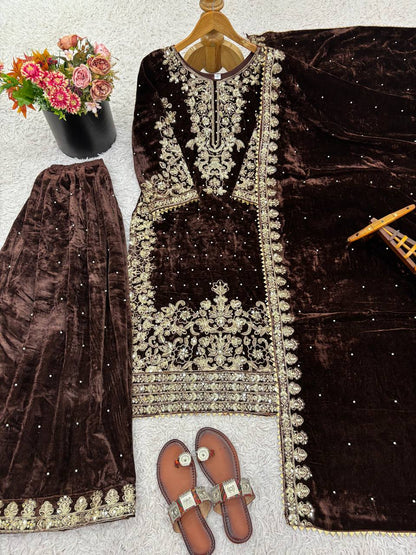 Elegant Brown Color Velvet Embroidered Pakistani Suit Set