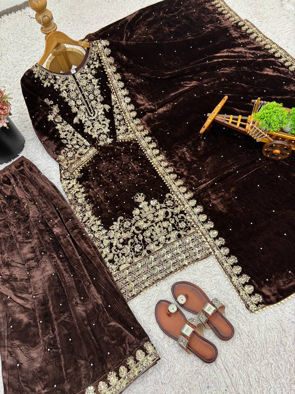 Elegant Brown Color Velvet Embroidered Pakistani Suit Set