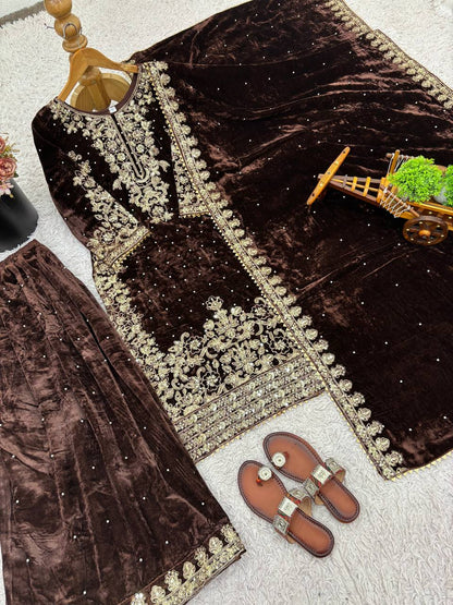 Elegant Brown Color Velvet Embroidered Pakistani Suit Set