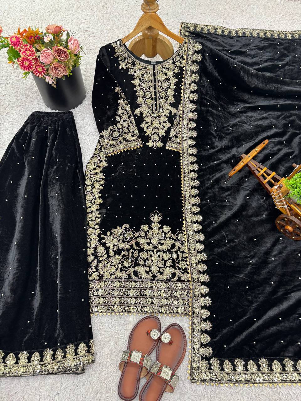 Function Wear Black Color Velvet Embroidered Pakistani Suit Set