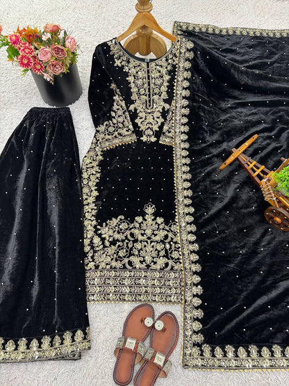 Function Wear Black Color Velvet Embroidered Pakistani Suit Set