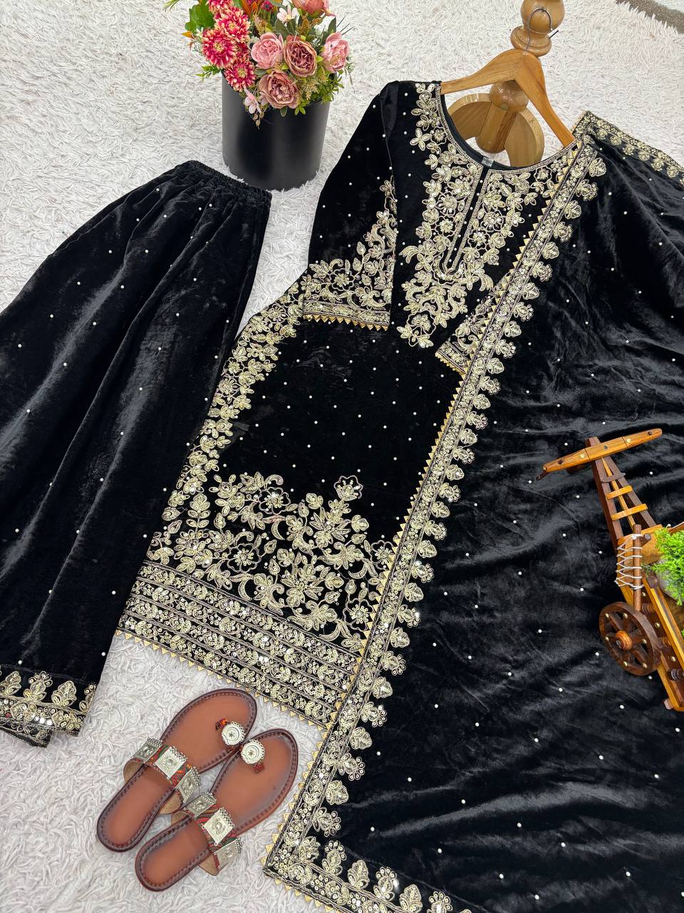 Function Wear Black Color Velvet Embroidered Pakistani Suit Set