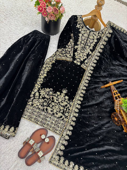 Function Wear Black Color Velvet Embroidered Pakistani Suit Set