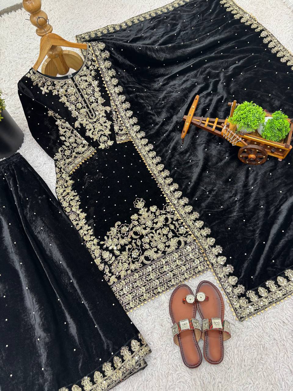 Function Wear Black Color Velvet Embroidered Pakistani Suit Set