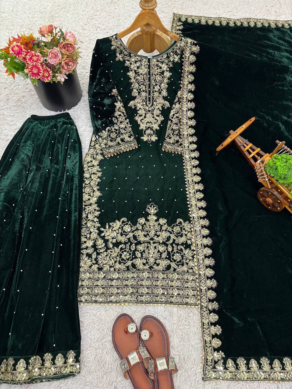 Function Wear Green Color Velvet Embroidered Pakistani Suit Set