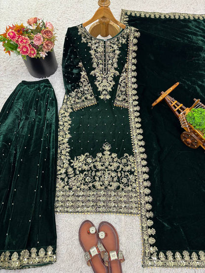 Function Wear Green Color Velvet Embroidered Pakistani Suit Set