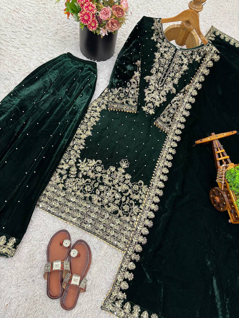 Function Wear Green Color Velvet Embroidered Pakistani Suit Set